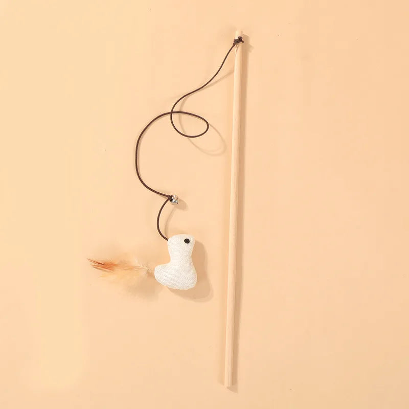 Wooden Cat Teaser Wand with Bell, Feather & Linen Kitten Toy Cat Teaser Wand Babs 1Pc 4