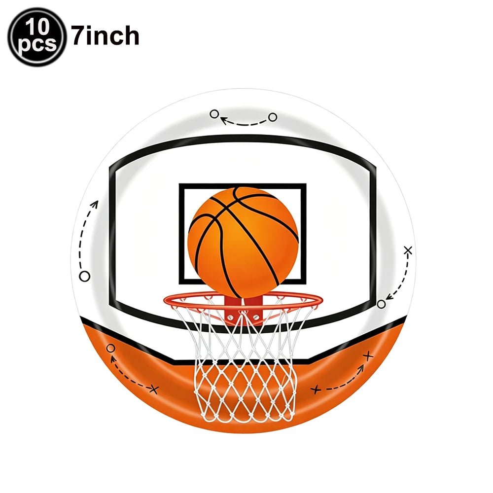 Basketball Party Supplies – Plates, Cups, Popcorn Boxes & Curtain