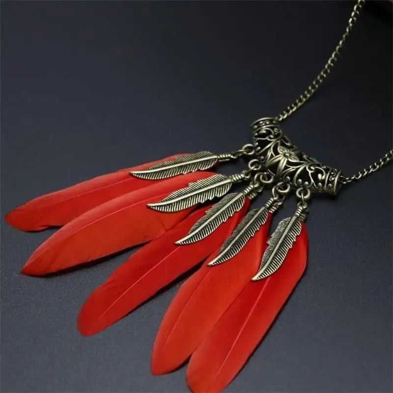 Retro Leaf & Feather Long Sweater Chain Necklace for Women Sweater Chain Necklace Babs Red