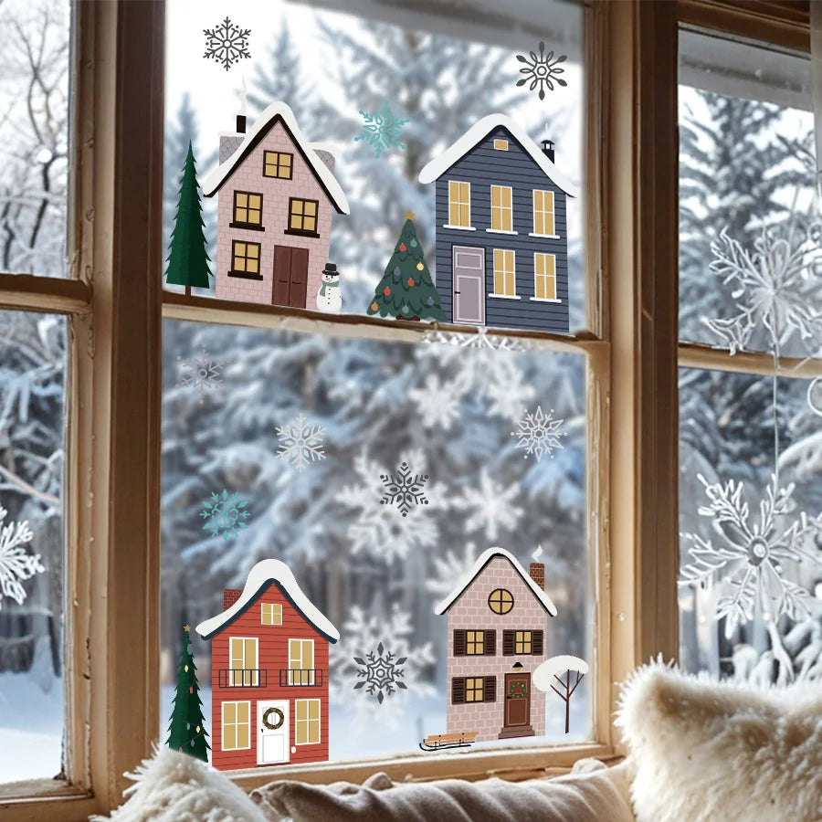 Cartoon Snowflake House Window Sticker – Double-Sided Glass Decal Glass Window Sticker Babs