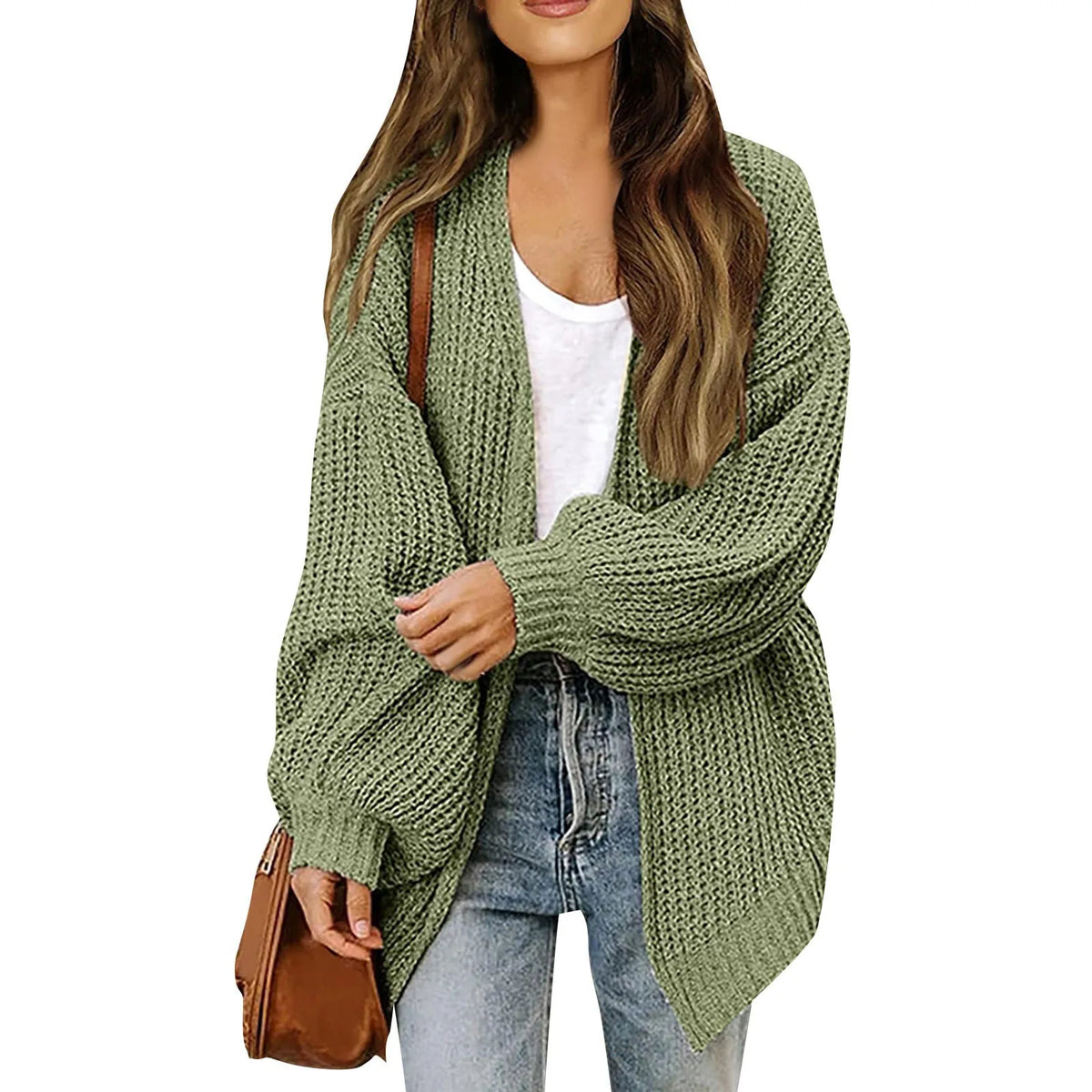 Women's Lantern Sleeve Thick-Knit Cardigan – Loose V-Neck Coat Knit Cardigan Sweater Babs XXL army green