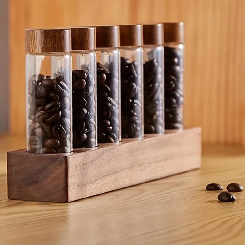 Coffee Bean Test Tube Display Rack – Walnut Wood & Glass Stand Coffee Bean Display Rack Babs