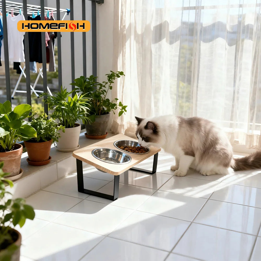 Elevated Cat Bowl 15° Tilted Raised Feeder with Wooden Base & 2 Bowls Elevated Cat Feeder Babs