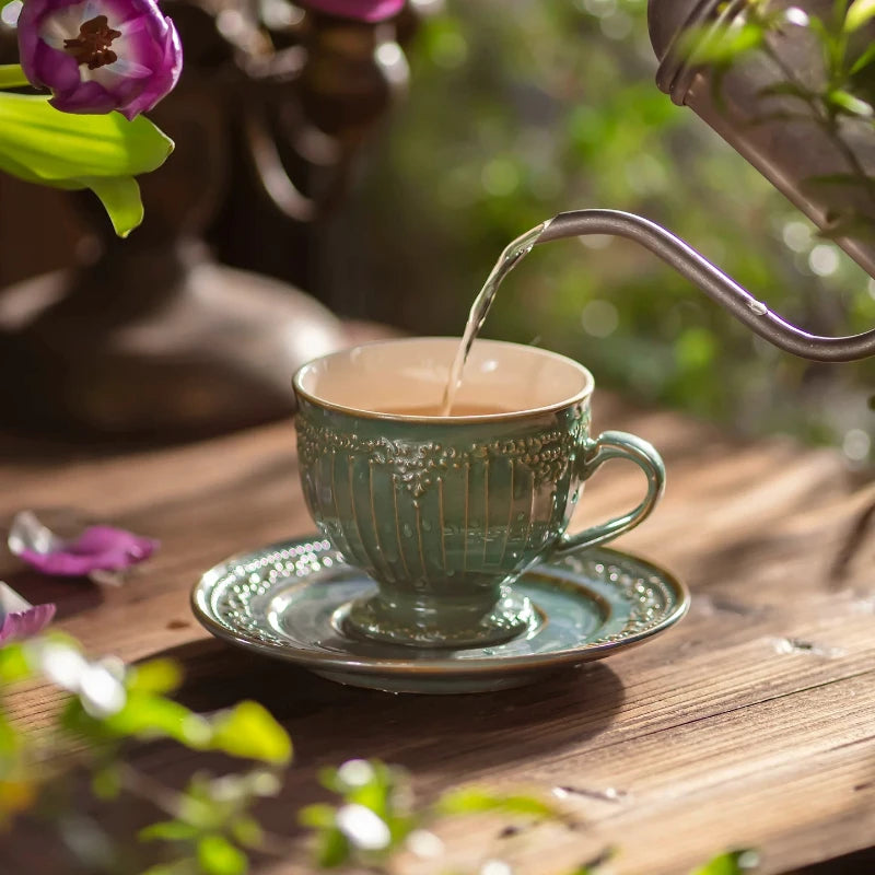 Vintage Embossed Ceramic Cup & Saucer Set | Underglaze Porcelain Ceramic Cup & Saucer Babs