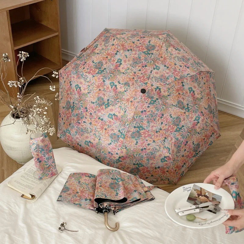 Oil Painting Auto 3-Fold UV UPF50+ Sun & Rain Umbrella Folding Umbrella Babs