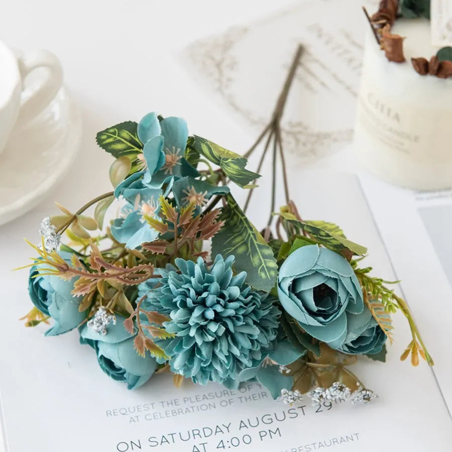 Silk Tea Rose Bud Artificial Bouquet – Wedding & Home Decor Artificial Flower Bouquet Babs Blue 1PC