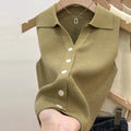 Women's Polo Collar Knit Vest – Slim Fit Sleeveless Button-Up Knit Vest Top Babs Green-1pc One Size