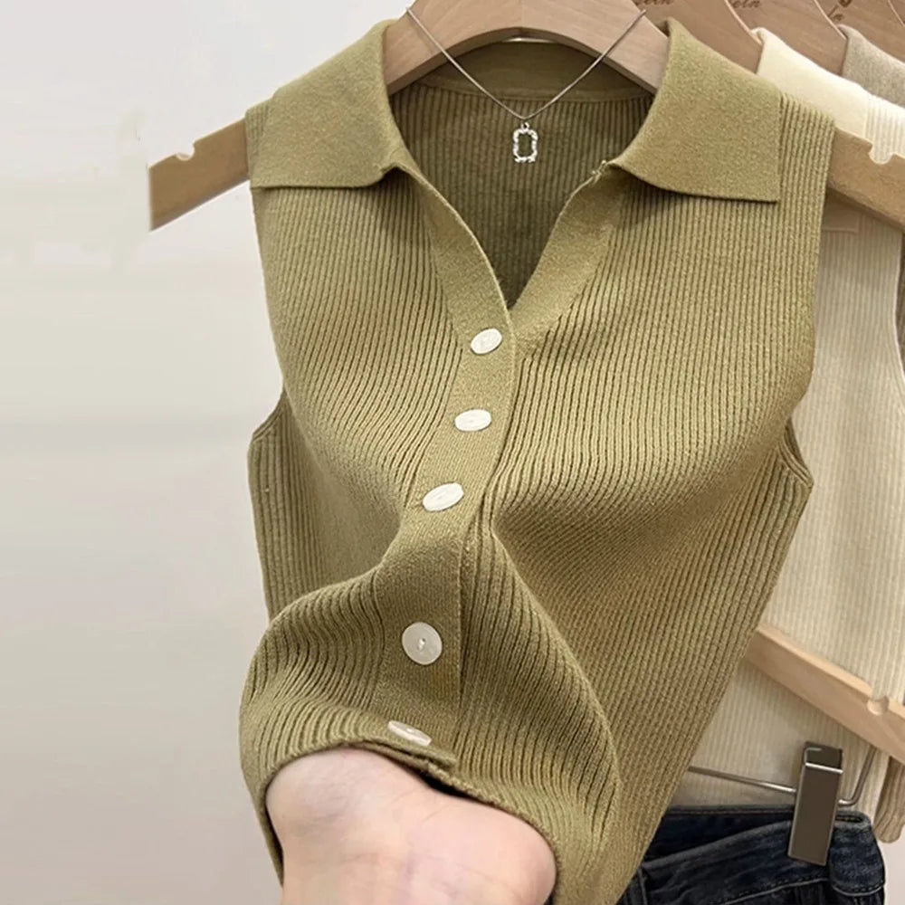 Women's Polo Collar Knit Vest – Slim Fit Sleeveless Button-Up Knit Vest Top Babs Green-1pc One Size
