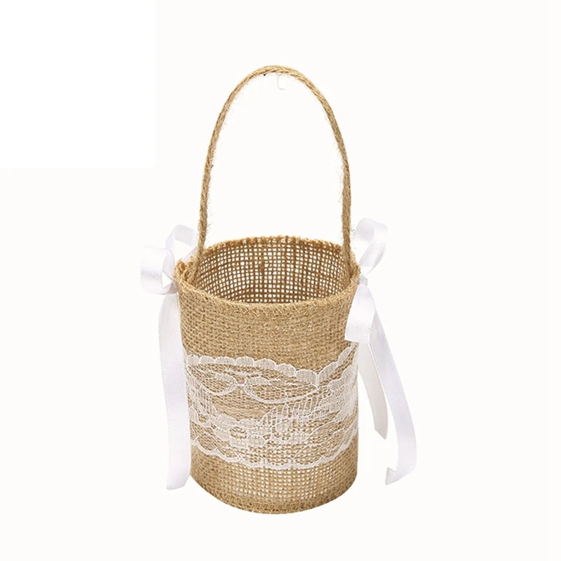 Rustic Lace Linen Flower Basket – Wedding & Party Gift Bag Decorative Flower Basket Babs 2