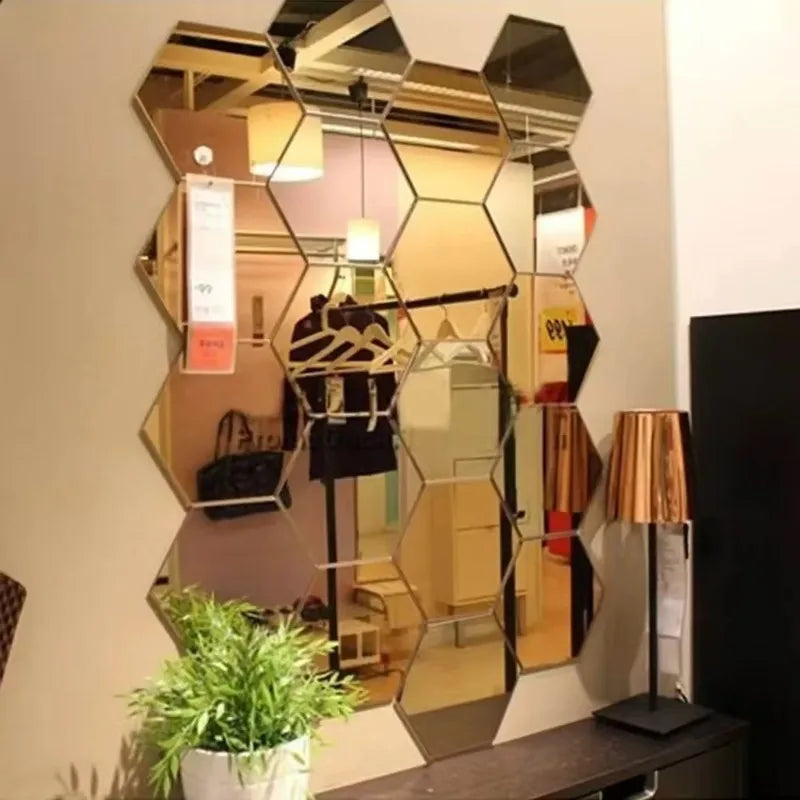 24pcs Hexagon Acrylic Mirror Wall Stickers 3D Mosaic Decal Mirror Wall Stickers Babs
