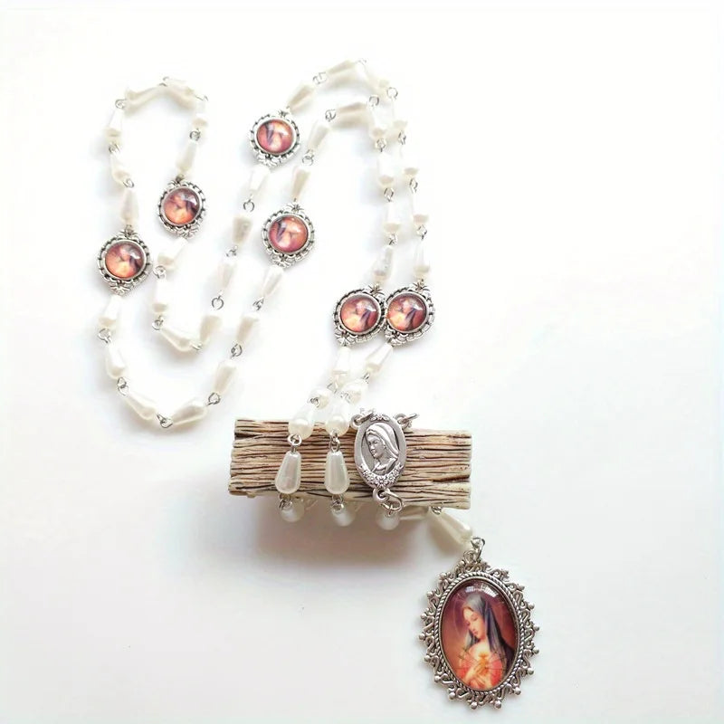Seven Sorrows White Rosary Necklace – Virgin Pendant Jewelry Rosary Necklace Babs