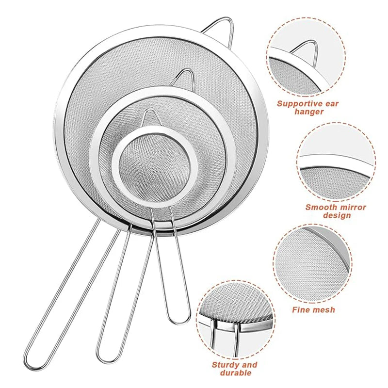 3-Piece Stainless Steel Mesh Strainer Set – S/M/L Kitchen Sieve Kitchen Mesh Strainer Babs