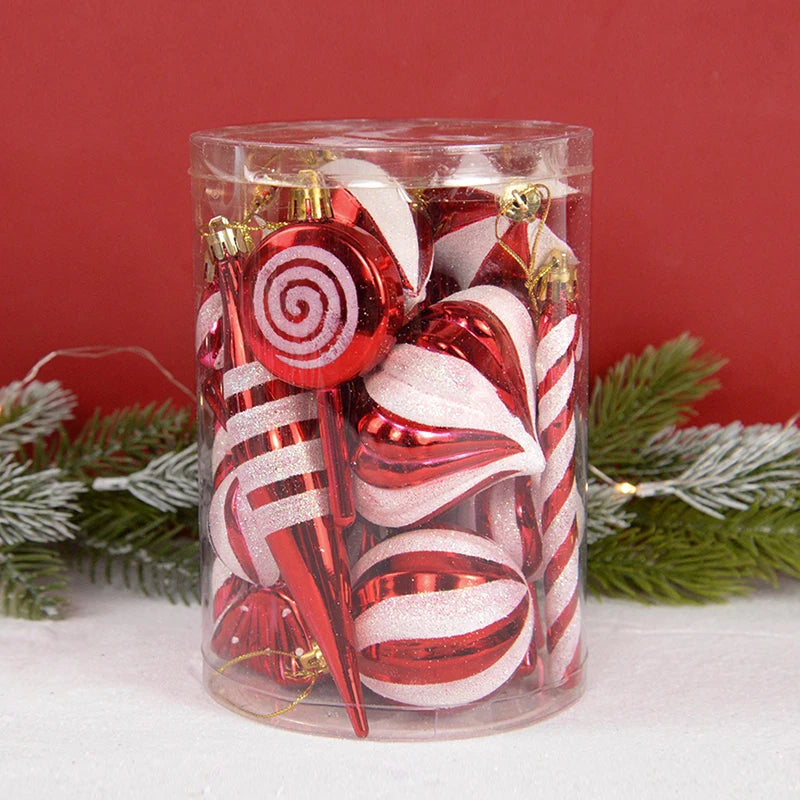14-Piece Christmas Ball Ornaments Set – Red & Candy Cane Christmas Tree Ornaments Babs