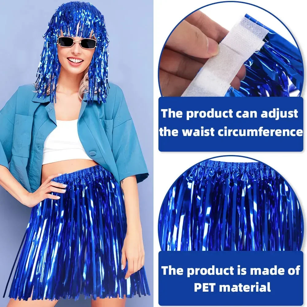 5-Piece Foil Tinsel Grass Skirt & Wig – Hawaiian Party Costume Party Costume Set Babs