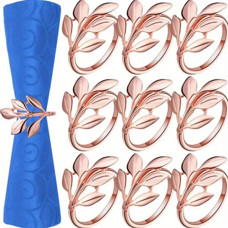 10pcs Leaf Napkin Rings – Carved Hollow Metal Alloy Set Napkin Rings Babs Rose gold-10pcs