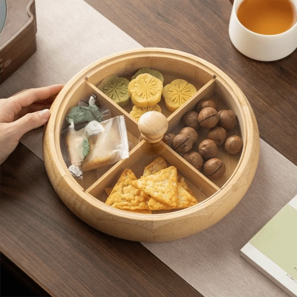 Round Wooden 4-Compartment Snack Serving Tray – Retro Nut Platter Snack Serving Tray Babs