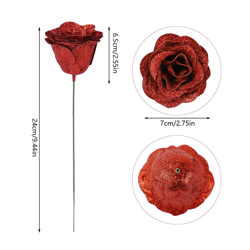 10Pcs Glitter Red Rose Artificial Bouquet – Wedding & Party Decor Artificial Flower Bouquet Babs