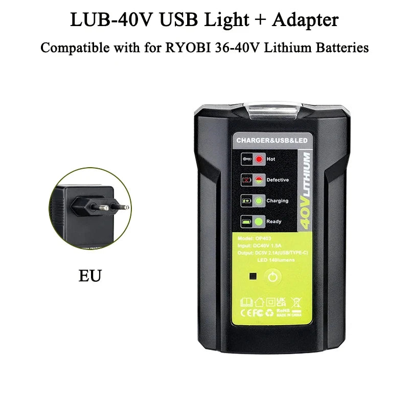 Ryobi 40V Battery Adapter USB Type-C 5V 2.1A LED Work Light Battery Power Adapter Babs EU plug