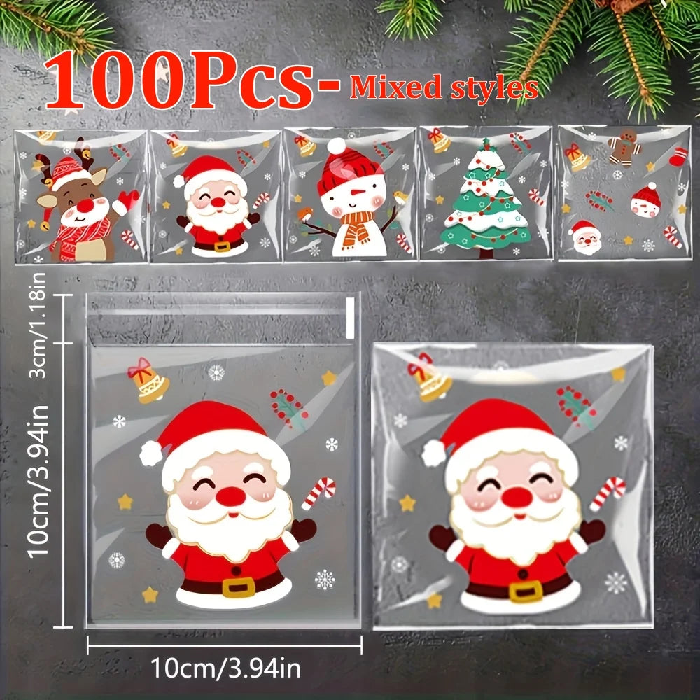 100Pcs Christmas Cellophane Candy Bags | Self-Adhesive Gift Bags Holiday Gift Bags Babs 100Pcs-Mixed styles 10x10cm
