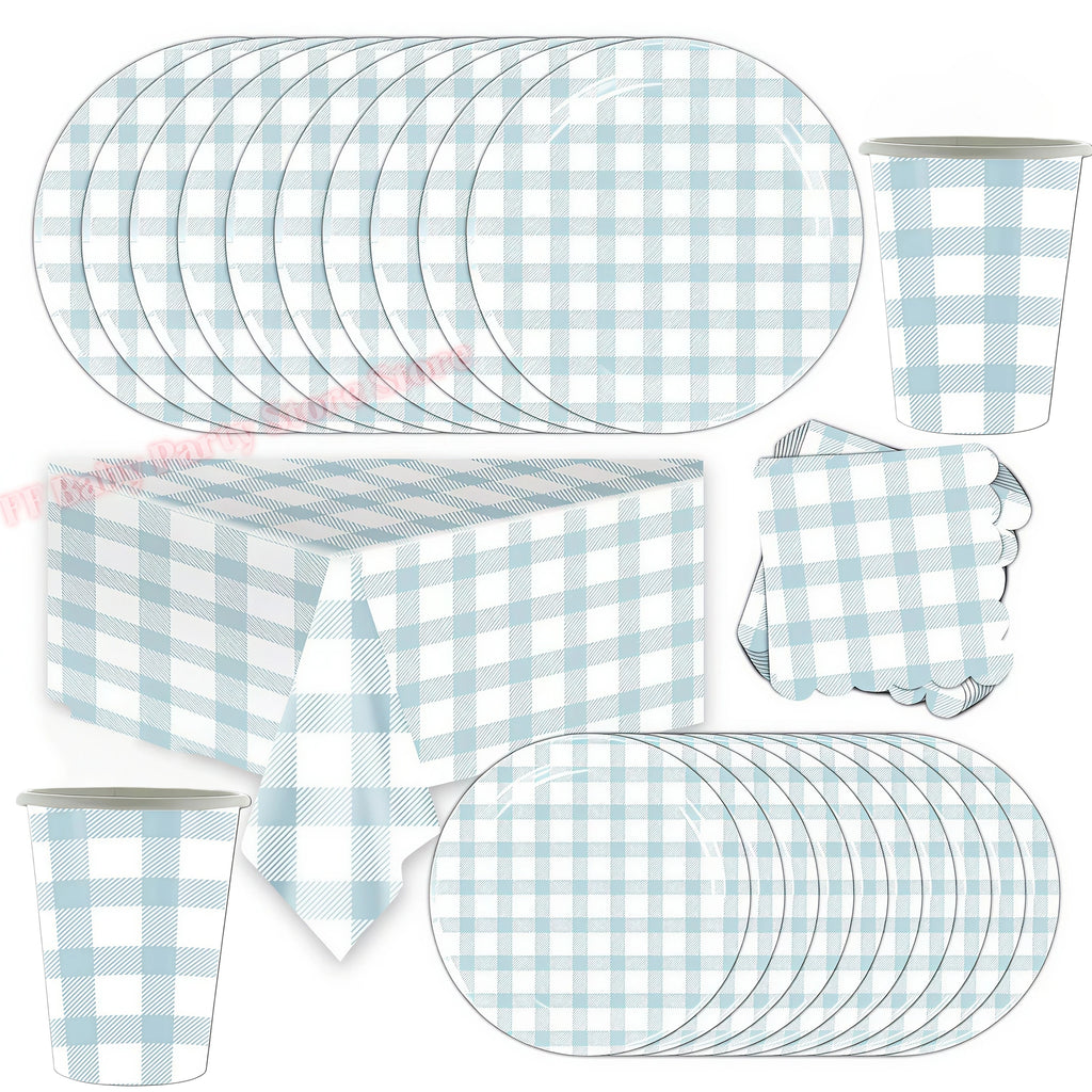 Blue Grid Birthday Party Supplies – Plates, Cups & Napkins Set Party Tableware Set Babs