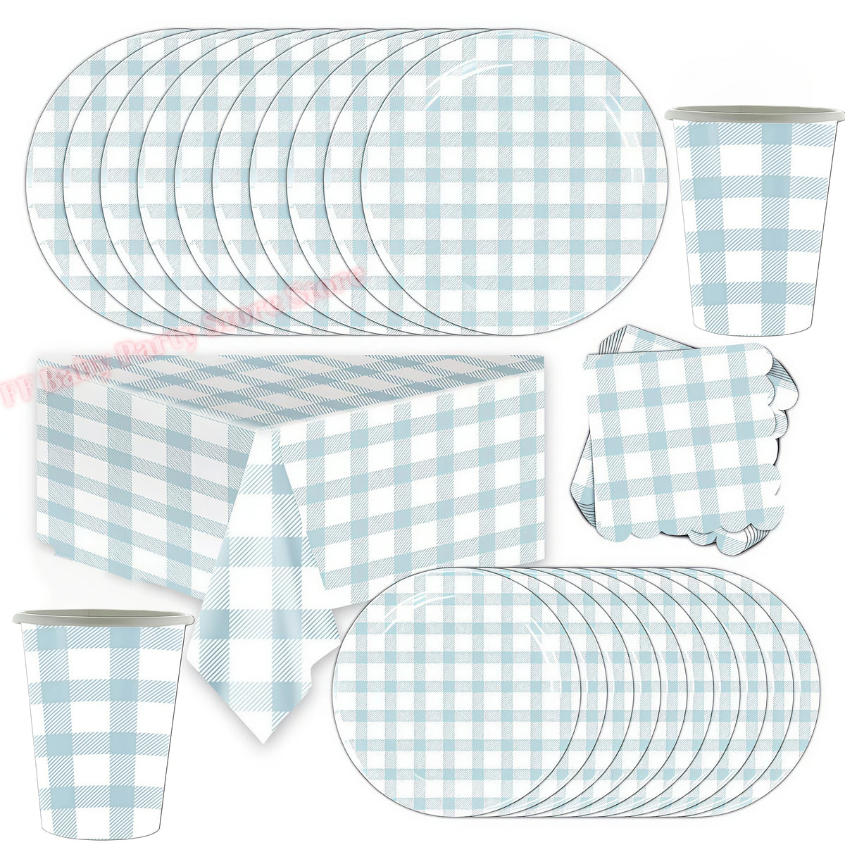Blue Grid Birthday Party Supplies – Plates, Cups & Napkins Set Party Tableware Set Babs