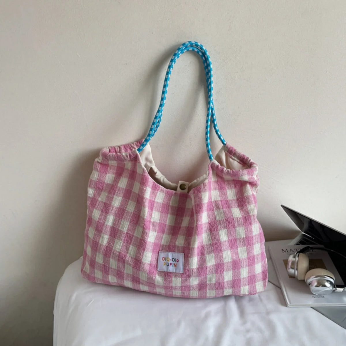 Women's Large Canvas Tote Bag – Korean Plaid Shoulder Handbag Canvas Shoulder Tote Babs Pink