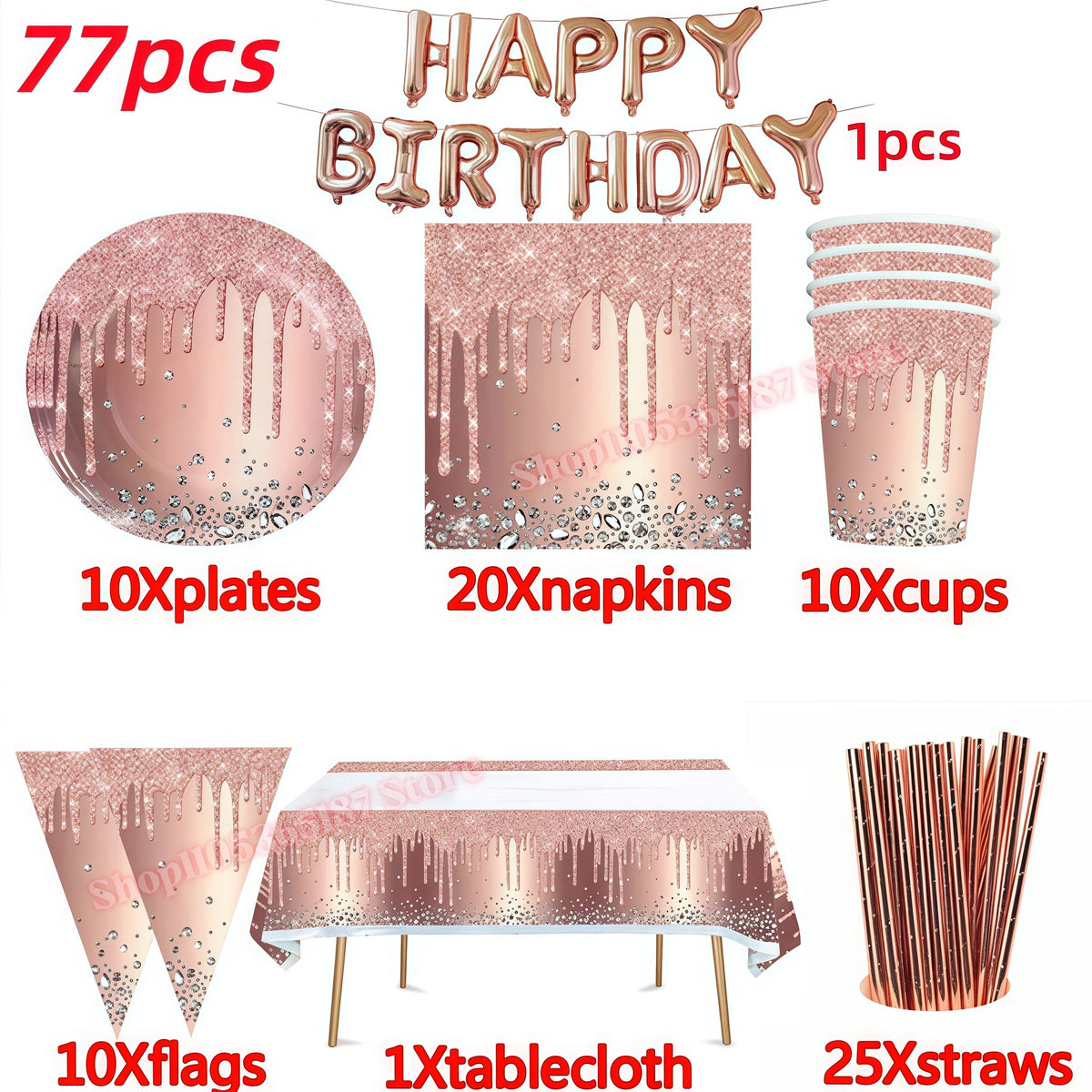 Pink Rose Gold Diamond Glitter Party Plates & Cups – 6pc Party Tableware Set Babs 77pcs others