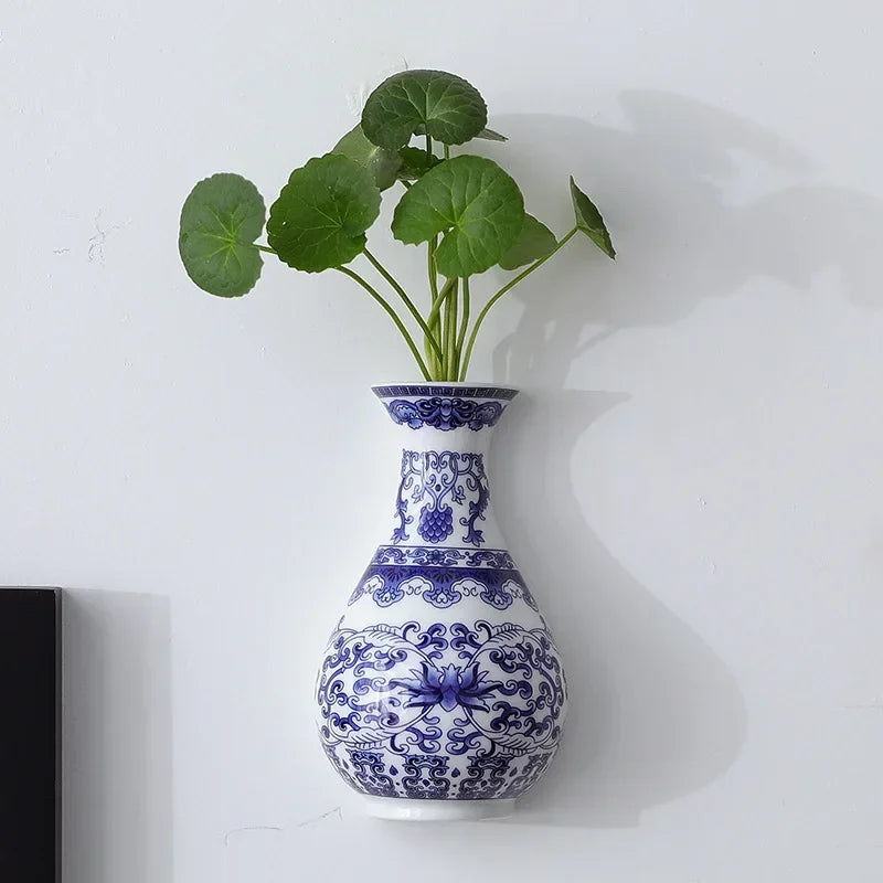 Ceramic Blue & White Porcelain Wall Vase | Lucky Bamboo Decor Decorative Ceramic Vase Babs