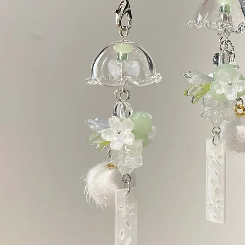 Floral Bell Bag Charm Pom Pom Tassel Keychain | Engraved Tag Bag Charm Keychain Babs