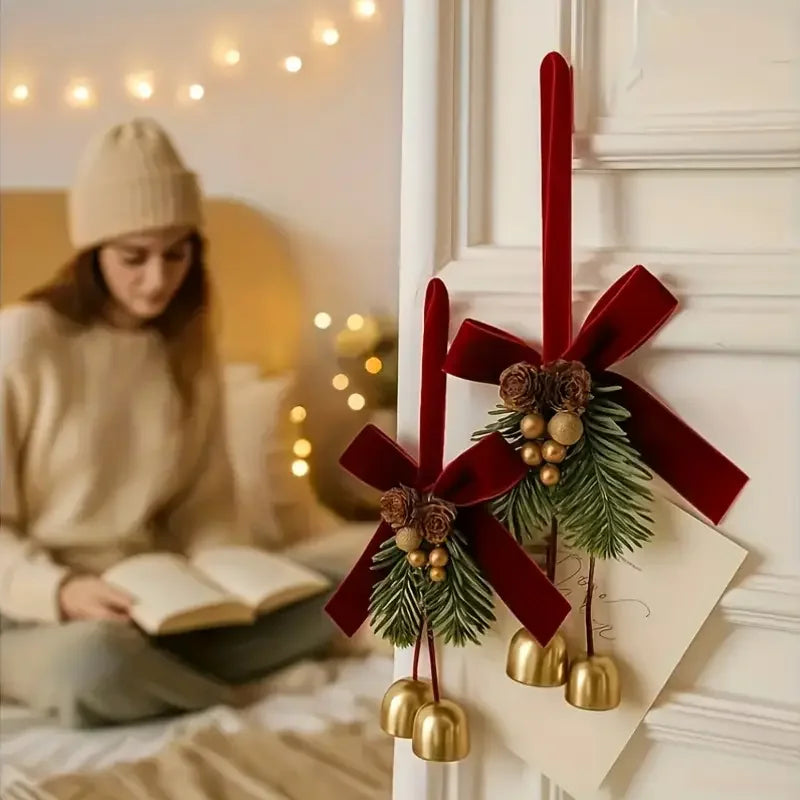 Christmas Jingle Bell Hanger – Velvet Bow & Pine Cone Décor Christmas Door Hanger Babs