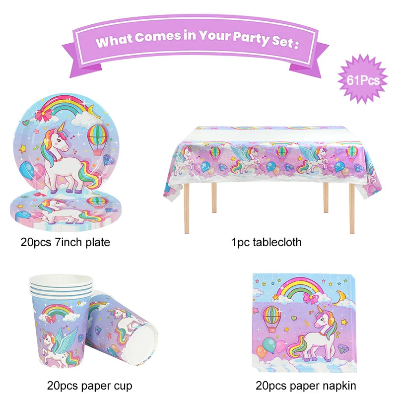 61-Piece Rainbow Unicorn Party Tableware Set – Plates & Cups Disposable Party Tableware Babs