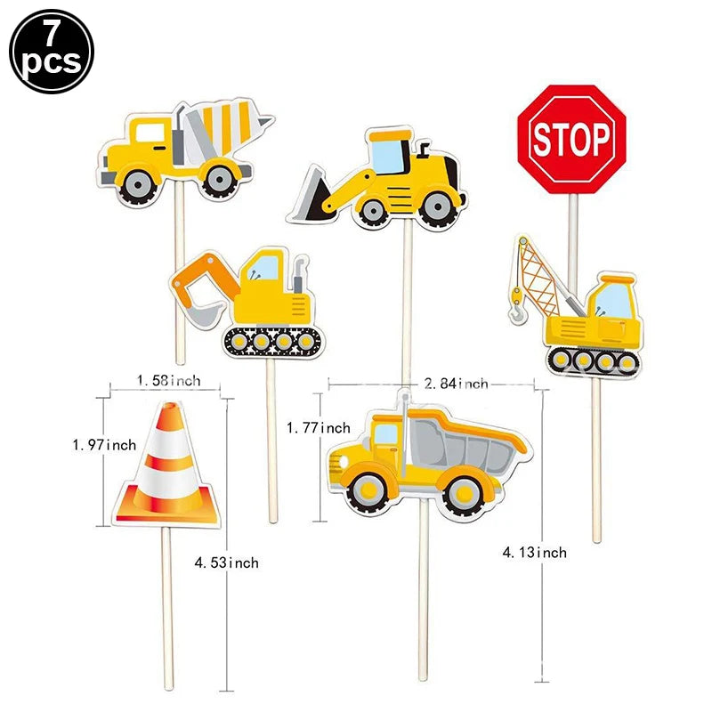 Construction Cake Toppers – Dump Truck & Excavator Party Decor Cake Toppers Babs Fluorescence Yellow