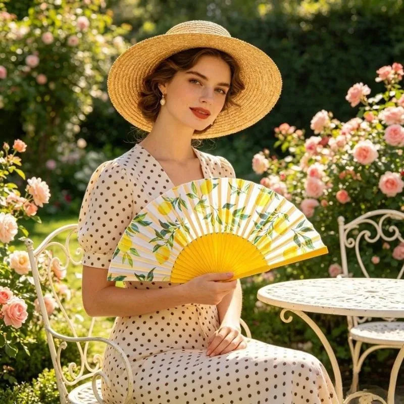 Spanish Lemon Folding Fan – Cloth & Bamboo Hand Fan for Women Folding Hand Fan Babs