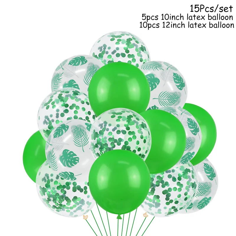Jungle Safari Party Balloons – Green Latex & Foil Palm Leaf Set Party Balloon Set Babs 15pcs B as picture