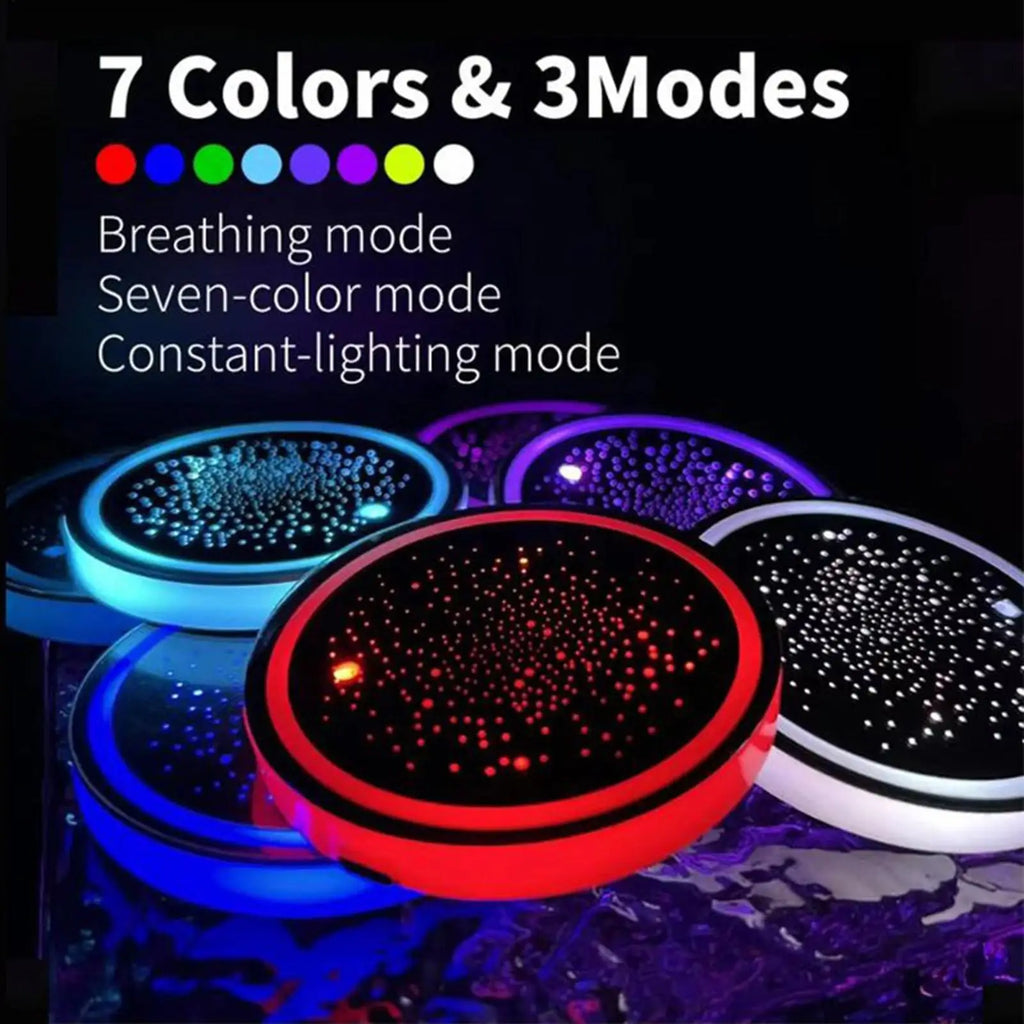 LED Car Cup Holder Light Coaster – 7 Colors, Rechargeable Car Atmosphere Light Babs
