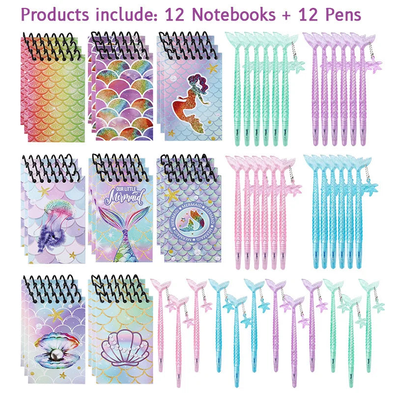 Mermaid Theme Notebooks & Pens – Kids Ocean Party Favors 8/12 Sets Party Favor Set Babs 12Notebook 12Pen