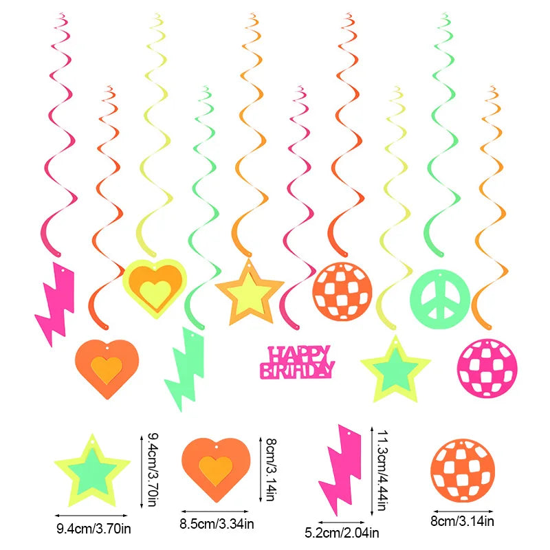 Neon Glow Party Fringe Curtain Backdrop & Birthday Banner Set Party Decoration Set Babs 10Pcs Neon Spiral
