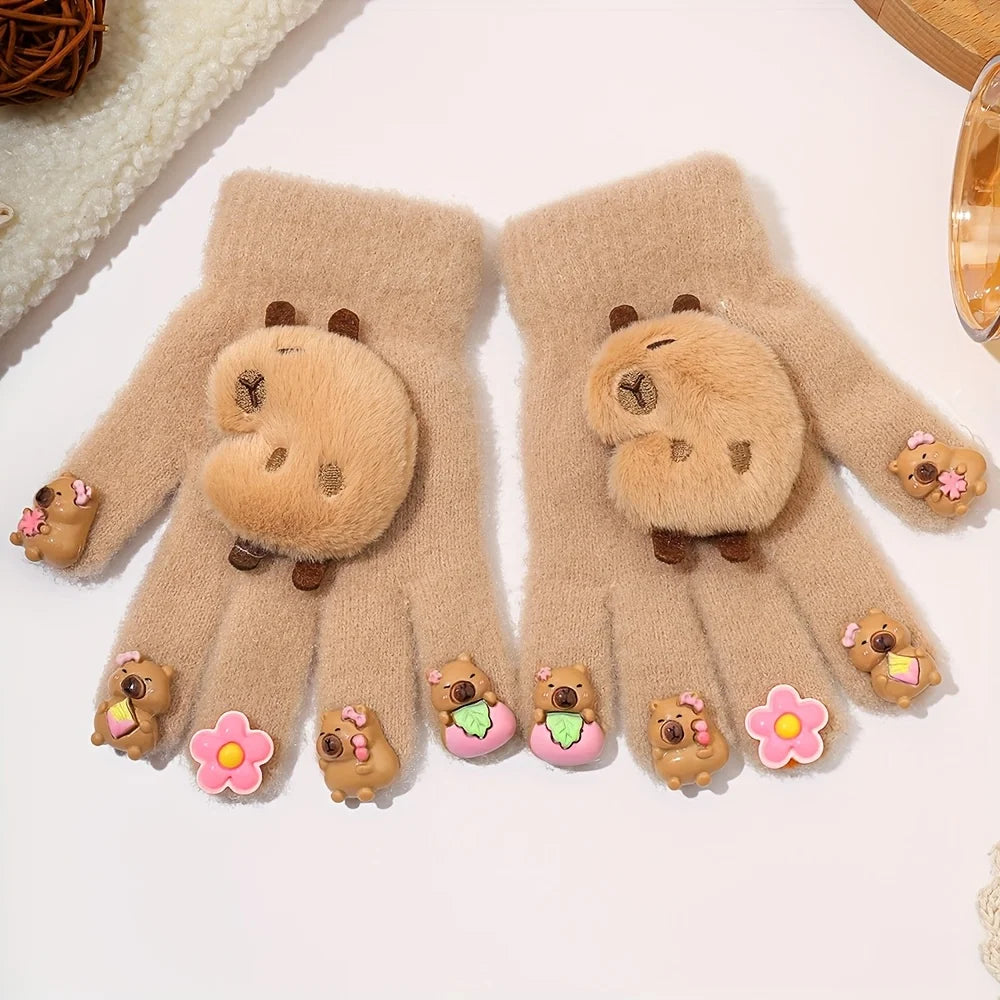 Capybara Knit Gloves for Women – Warm Fingertip Design Knit Fingerless Gloves Babs