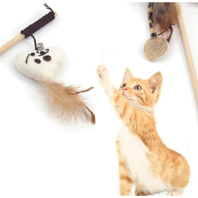 Wooden Cat Teaser Wand with Bell, Feather & Linen Kitten Toy Cat Teaser Wand Babs
