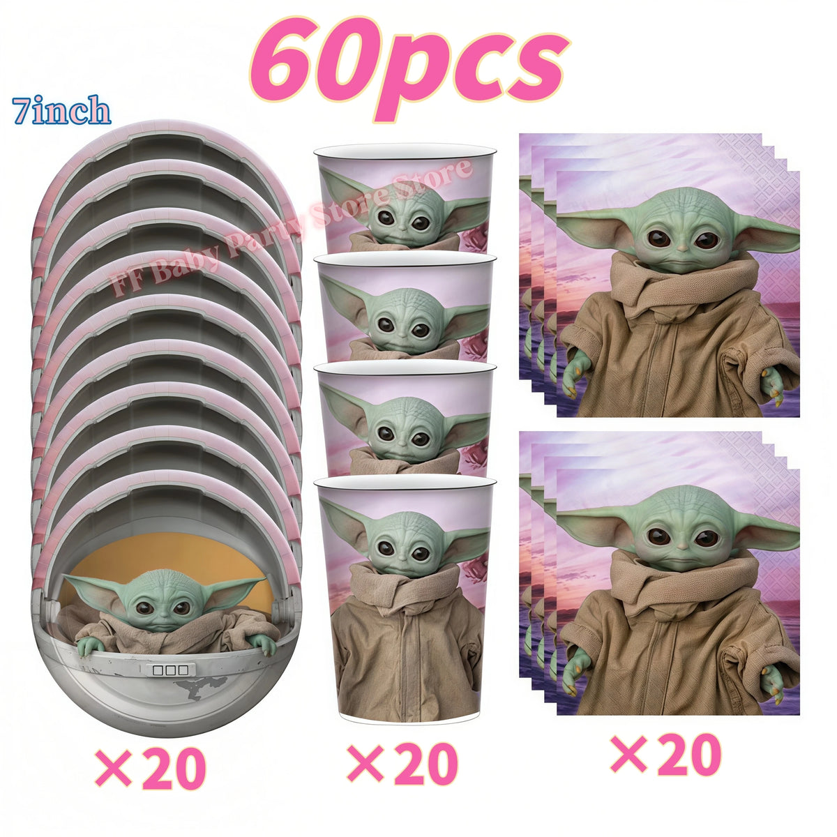 Yoda Baby Theme Birthday Party Supplies – Plates, Cups & Balloons Party Decoration Set Babs 60pcs