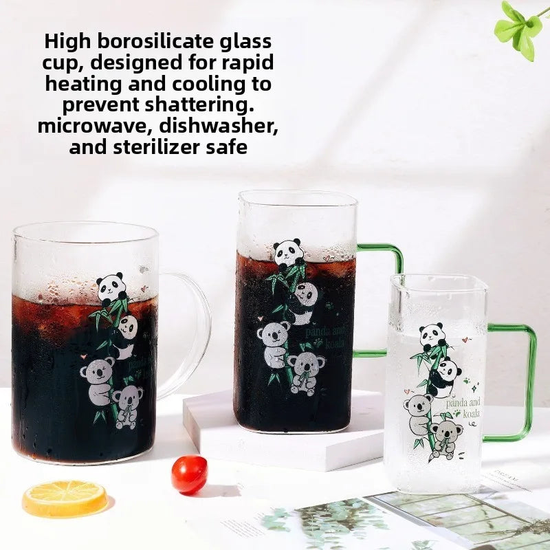 Square Glass Water Cup Cartoon Panda Straw Lid Large Capacity Glass Drinkware Cup Babs