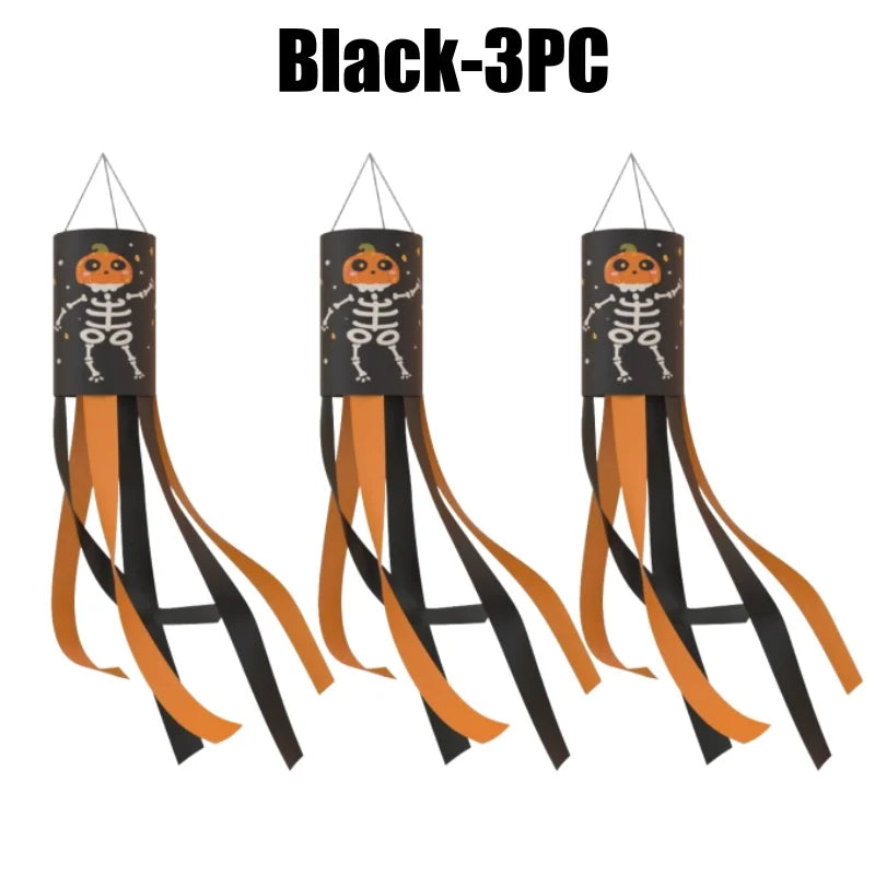 Halloween Windsock Flags – Ghost Pumpkin Skeleton Outdoor Decor Halloween Windsock Flag Babs Black-3PC