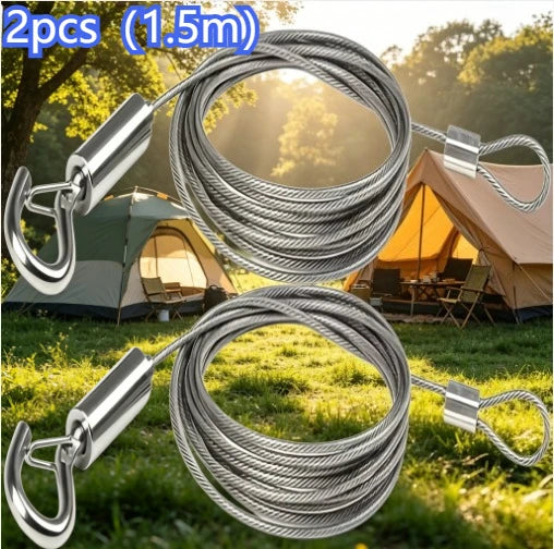 2pcs 1.5m Stainless Steel Wire Rope & Quick Hook – Camping Lanyard Wire Rope Lanyard Babs