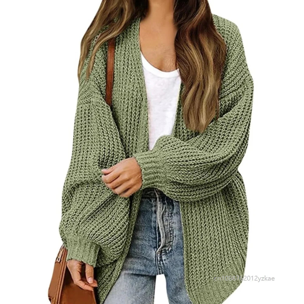 Women's Lantern Sleeve Thick-Knit Cardigan – Loose V-Neck Coat Knit Cardigan Sweater Babs