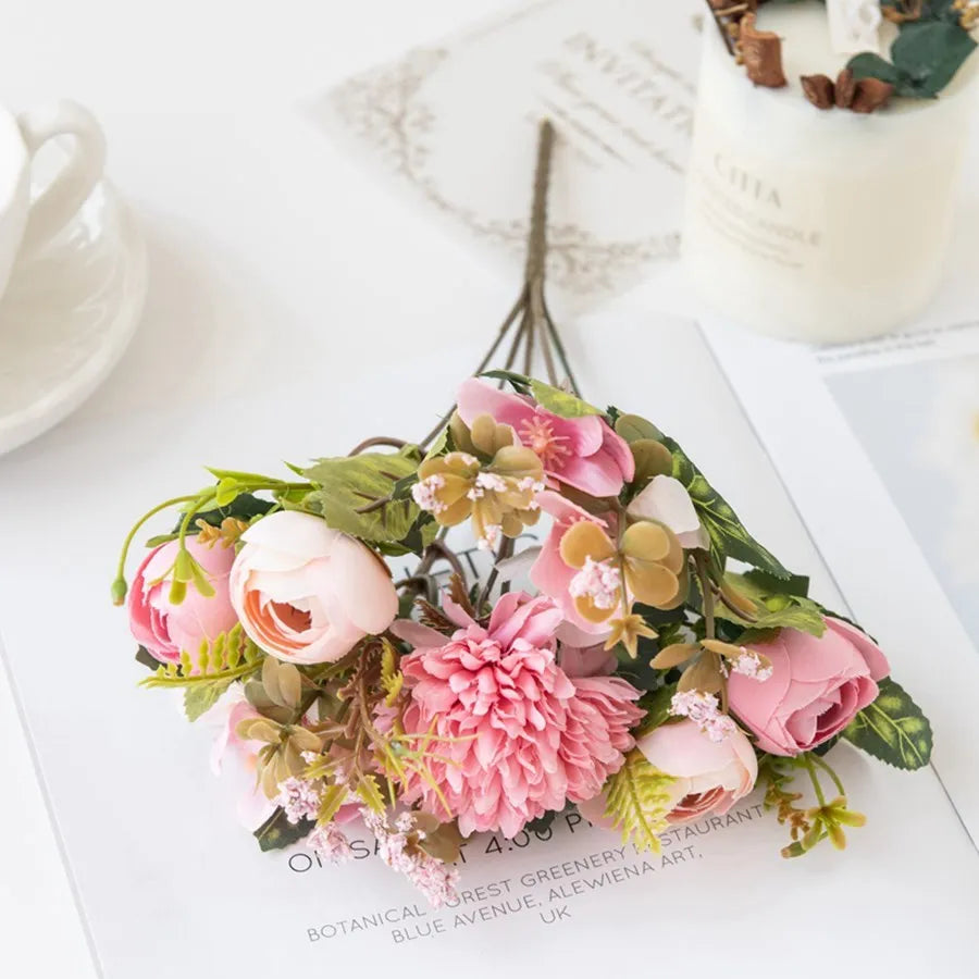Silk Tea Rose Bud Bouquet – Fake Flowers for Home & Wedding Artificial Flower Bouquet Babs Pink 1 pc