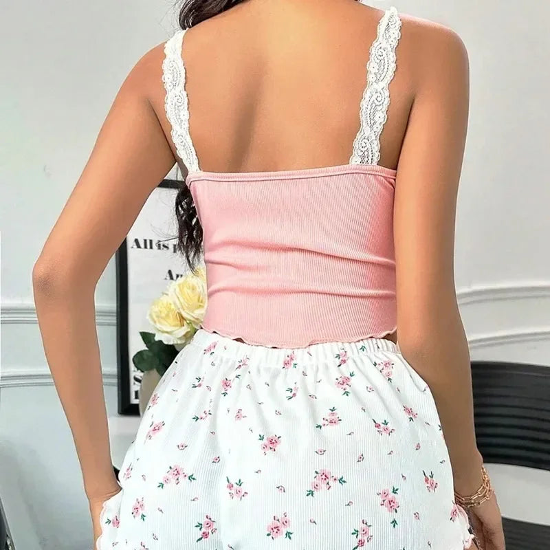 Women's Lace Cami Top & Printed Shorts Pajama Set – 2 Piece Women's Pajama Set Babs