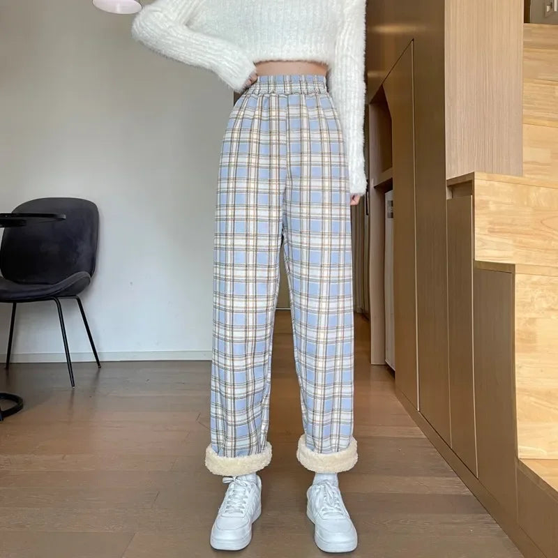 Women's Shearling Lined Plaid Flared Trousers High Waist Fleece Lined Trousers Babs