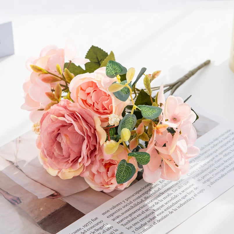 Artificial Silk Rose Hydrangea Peony Bouquet – Wedding & Home Décor Artificial Flower Bouquet Babs Pink 1 pc