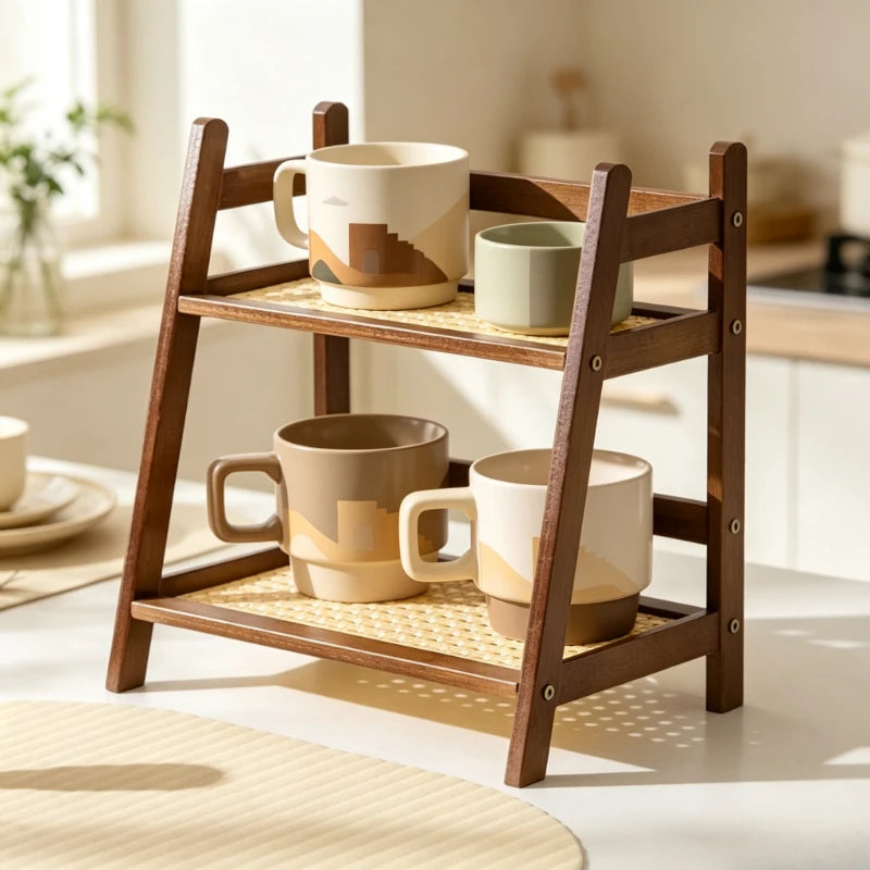 2-Tier Bamboo Rattan Desktop Storage Shelf & Organizer Rack Desktop Storage Shelf Babs