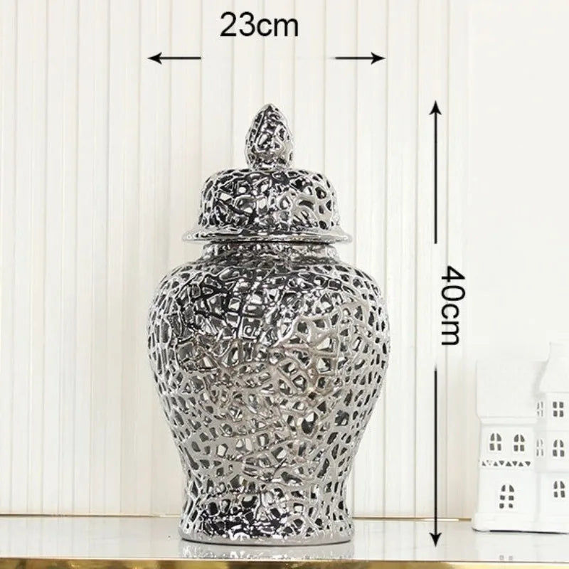 Modern Ceramic Hollow Vase – Luxury Home Table Decoration Decorative Ceramic Vase Babs Silver-40CM